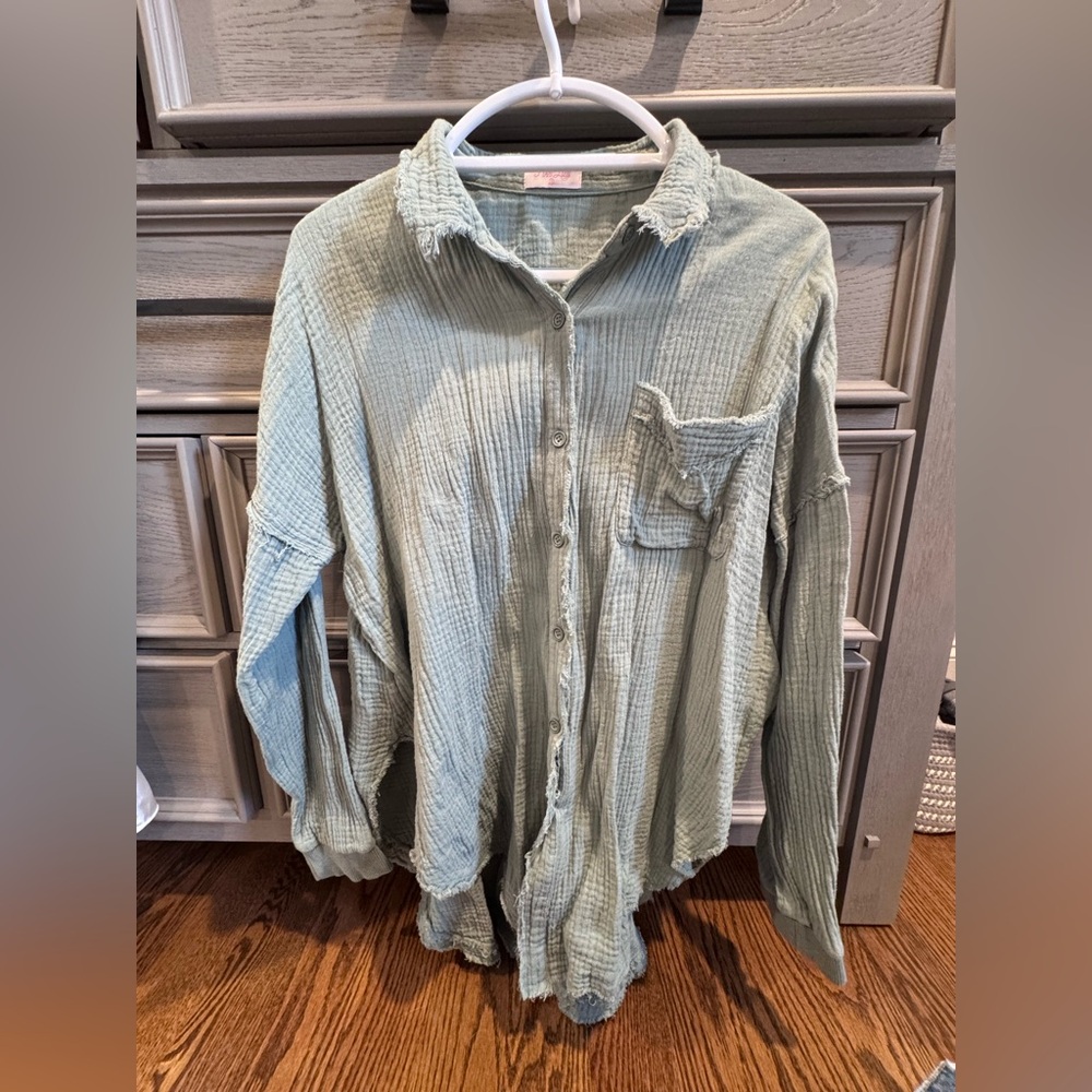 Sage Button Front Gauze Blouse